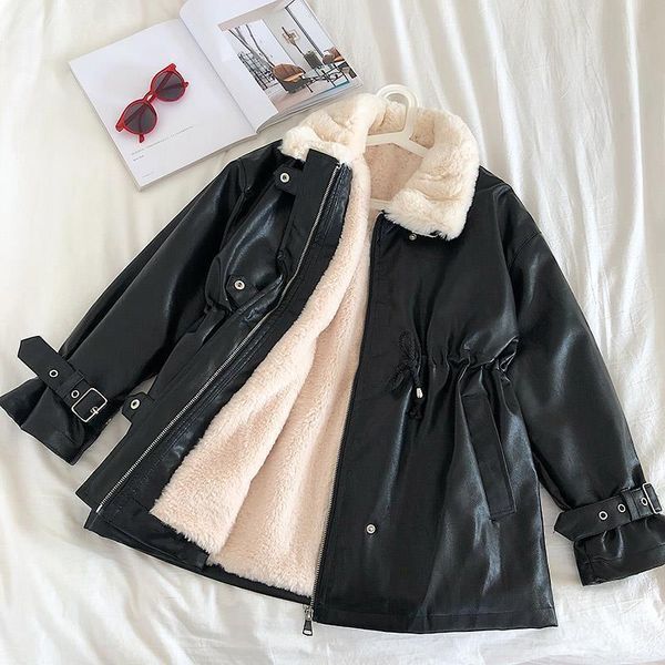 

leather winter streetwear jacket women 2021 new korean fashion motorcycle faux leather female autumn coat parka fur long outerwear uk, Black