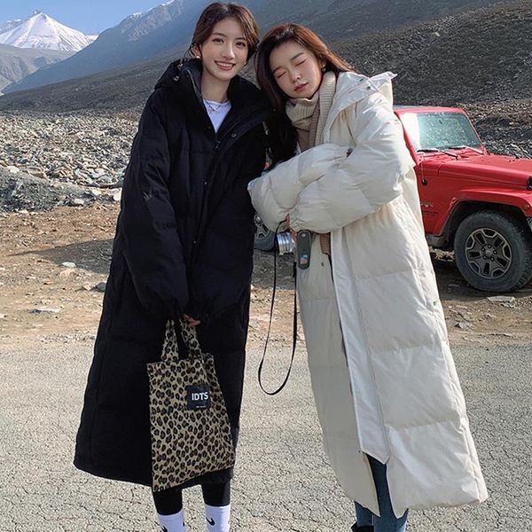 

leather 2022 new long down cotton jacket women's knee loose thickening plus fat plus size cottonpadded jacket, Black