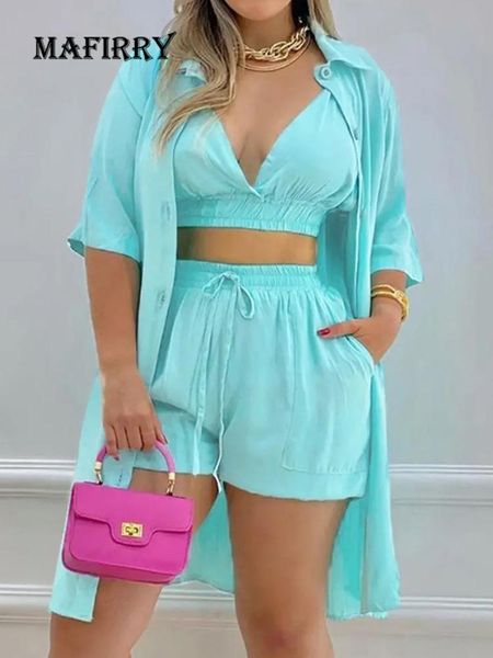 

dress women loungewear vest long shirts shorts 3pcs outfit solid summer deep vneck pocket ladies matching set streetwear dropshipping, White