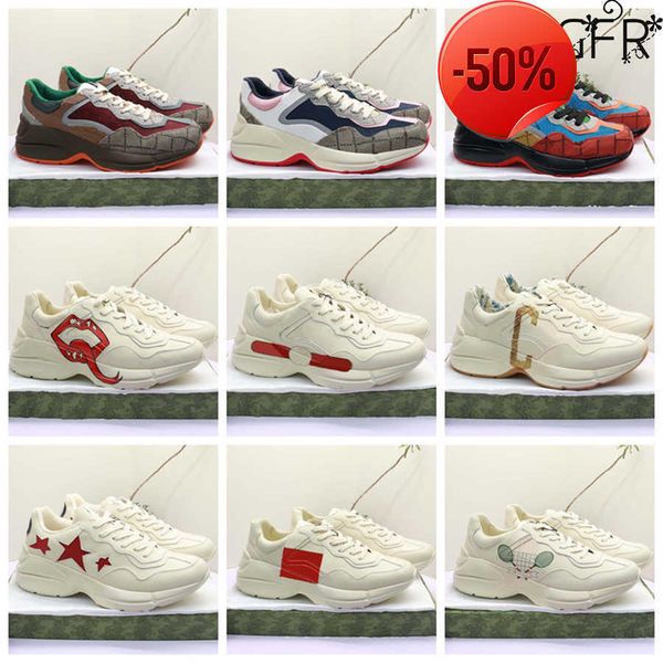 

casual shoes designer rhyton sneaker women shoe trainer strawberry wave mouth tiger web print vintage variety of styles man woman with box