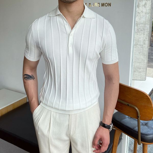 

men's polos spring summer knit polo shirt men casual turn-down collar button fashion striped solid slim est ice silk cotton knitwear 2, White;black