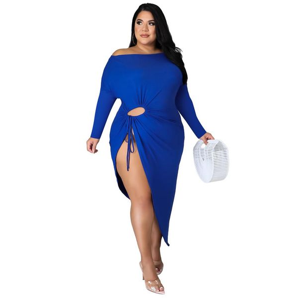 

dresses slash neck asymmetrical plus size women dress hollow out full sleeve skirt slim outfit night club wear 3xl 4xl, Black