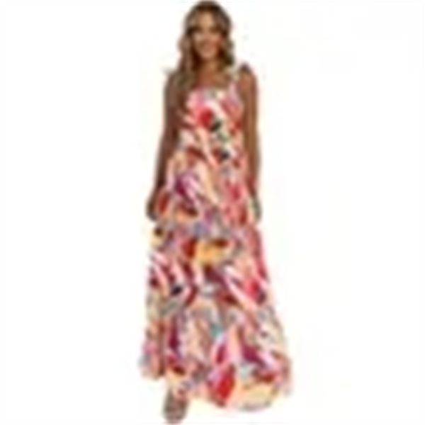 

multicolor abstract print striped trim maxi sundress, Black;gray