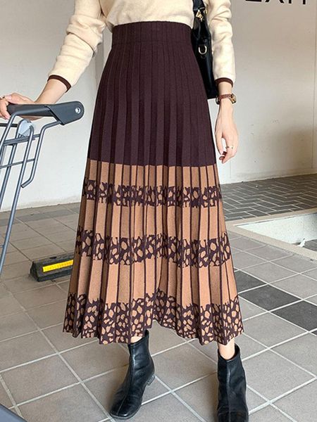 

dresses tigena vintage women knitted skirt 2022 fall winter casual warm contrast color printed a line high waist midi long skirt female, White;black