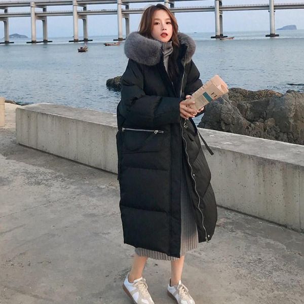 

leather autumn winter women solid loose padded thick jackets long jacket parkas casual hooded long sleeve warm down cotton coats female, Black