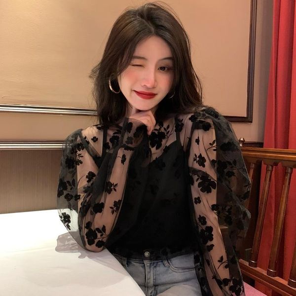

dress elegant chic lace mesh floral patchwork shirts 2023 spring puff sleeve fairy blusas mujer korean fashion blouses women, White