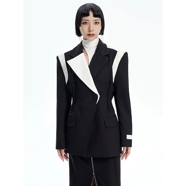 

women's suits & blazers women black color-block elegant blazer new lapel long sleeve loose fit jacket fashion tide spring autumn ba023, White;black