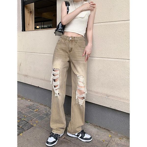 

jeans women's vintage khaki jeans ripped wide leg pants baggy high waist casual straight self cultivation denim trouser ladies summer, Blue