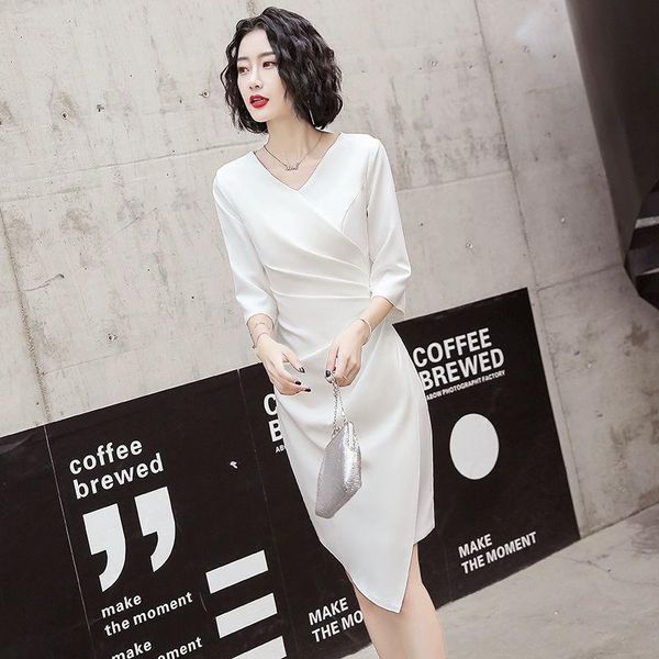 

dresses ladies elegant slim fold irregular dress summer half sleeves vneck solid hip wrap korean temperament mini dress women clothes, Black;gray