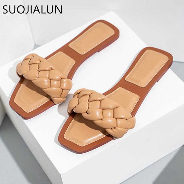 

slippers suojialun 2022 summer new women slipper fashion weave square toe ladies sandal outdoor beach casual slides shoes open toe flip f j2, Black