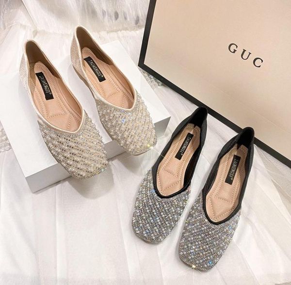 

new square toe soft leather women039s shoes autumn new flat rhinestone slipon peas shoes2642428, Black