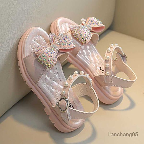 

sandals 2023 new flat children sandals bow rhinestone girls princess summer shoes kids open toe pearl beach sandals size, Black;red