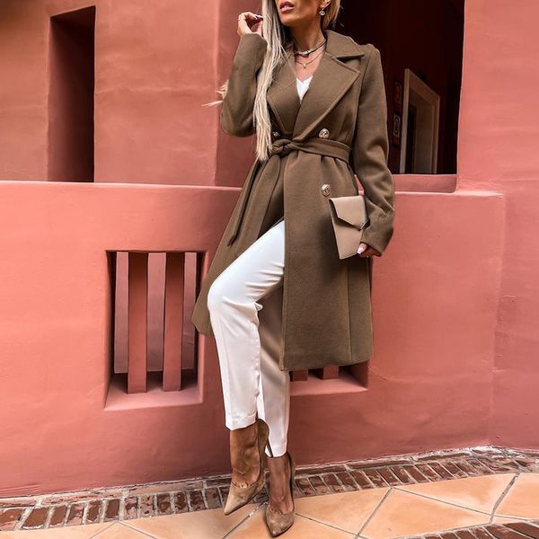 

fur winter casual office lady solid loose outwear autumn women long wool coat elegant long sleeved laceup woolen jacket overcoats, Black