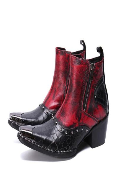 

6 cm height italian fashion men motorcycle boot red metal pointed party dress shoes nightclub rock men rivet ankle boots9034142, Black