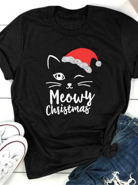 

cat face meowy christmas print women t shirt short sleeve o neck loose women tshirt ladies tee shirt camisetas mujer, White