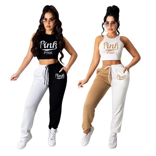 

2023 brand designer women letter tracksuits summer casual 2 piece sets sleeveless t-shirt pants fashion sports suit crew neck outfits pullov, Gray