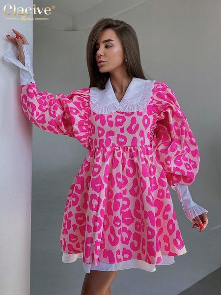 

dresses clacive fashion print women dress 2022 casual chic doll collar lantern sleeve mini dresses elegant loose patchwork female dress, Black;gray