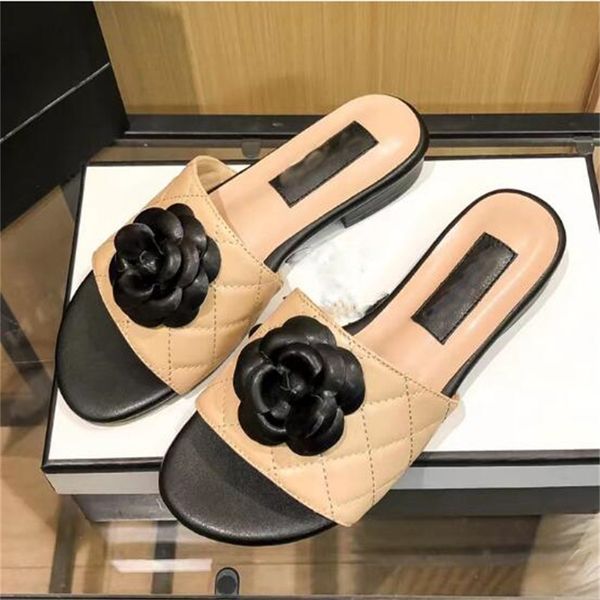 

designer women sandal luxury flower lady slide genuine leather round toe flat beach slippers summer shoes, Black