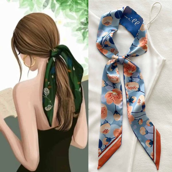 

scarves women silk long hairband necktie print floral skinny ribbon scarf bag wrist bandana girl waist popul 2022 summer accessories j230502, Blue;gray