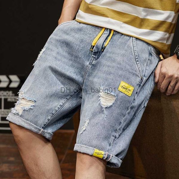 

men's shorts summer mens casual knee length denim shorts elastic waist hole ripped jeans streetwear straight loose fit cowboy bermuda s, White;black