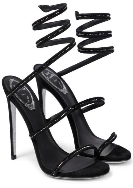 

rene cleo crystalembellished leather sandals shoes women caovillas high heels lady gladiator sandalias party wedding comfort9326083, Black