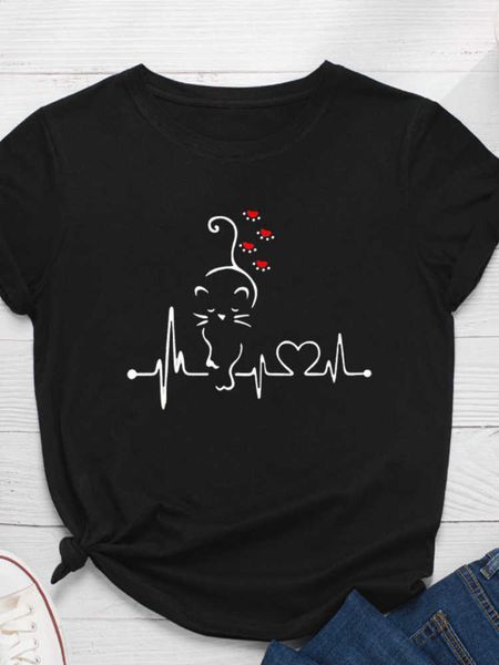 

cat heartbeat print women t shirt short sleeve o neck loose women tshirt ladies tee shirt clothes camisetas mujer, White