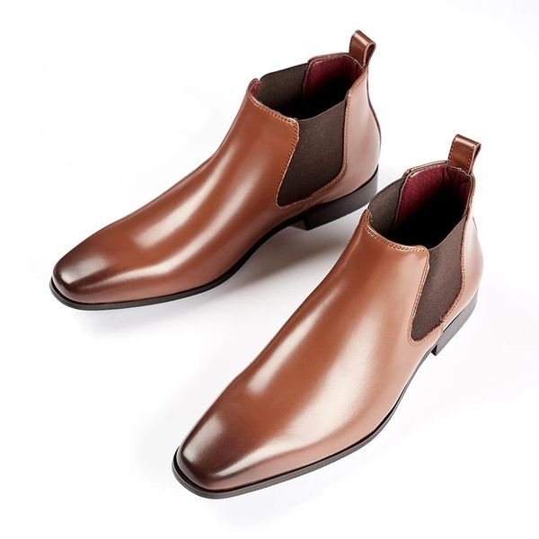 

new elegant simple men leather boots long tip square toe british chelsea boots for men formal business luxury shoes spring, Black