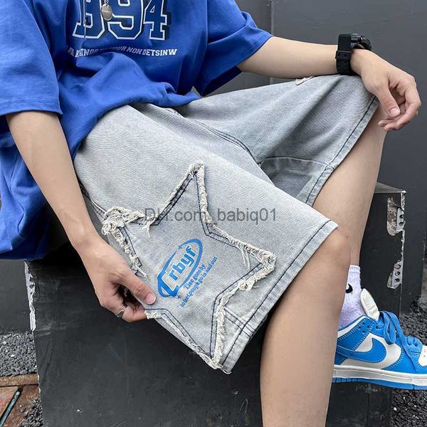 

men's shorts ripped stars patch jeans shorts for men summer korean fashion trends streetwear bottoms teenage baggy denim pants gothic c, White;black