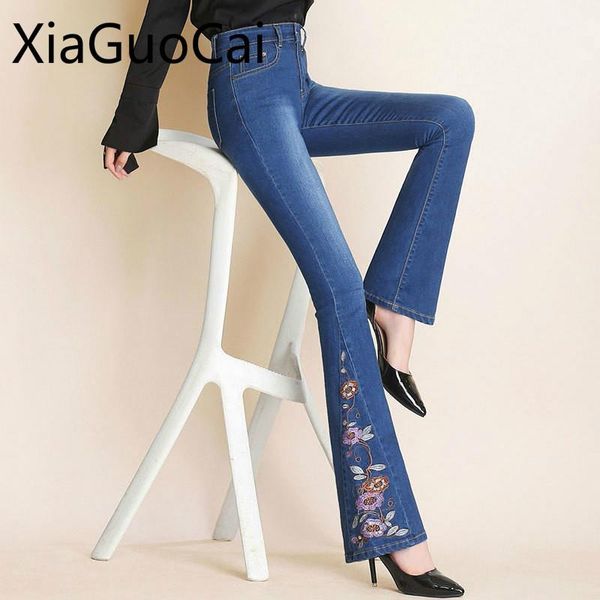 

jeans ethnic embroidery flowers women pants microra jeans for girls slim high waist embroidered flared wide leg pants, Blue