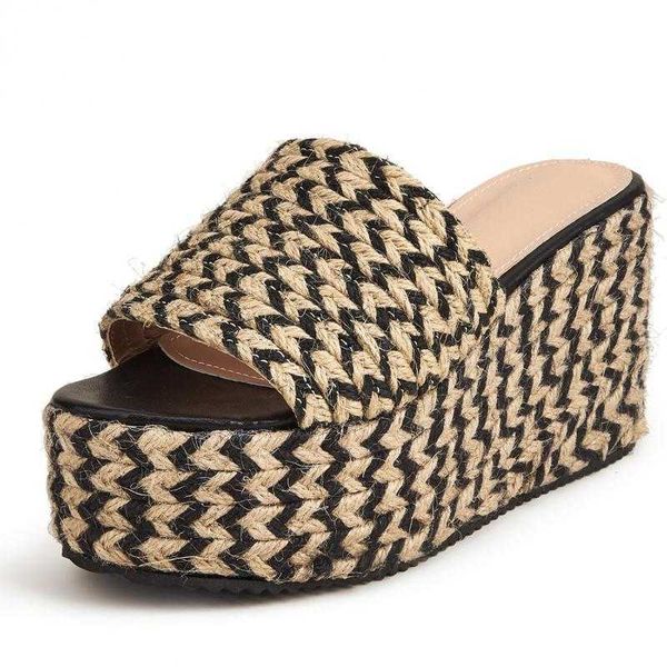 

slippers fashion women slippers wisteria wedges round toe slipon street style korean style platform weave mixed colors women shoes new j2305, Black