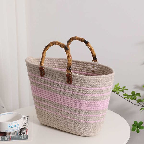 

nxy large capacity hand-woven cotton thread tote bag design striped pattern bamboo handle handbag summer bohemian beach straw 230424
