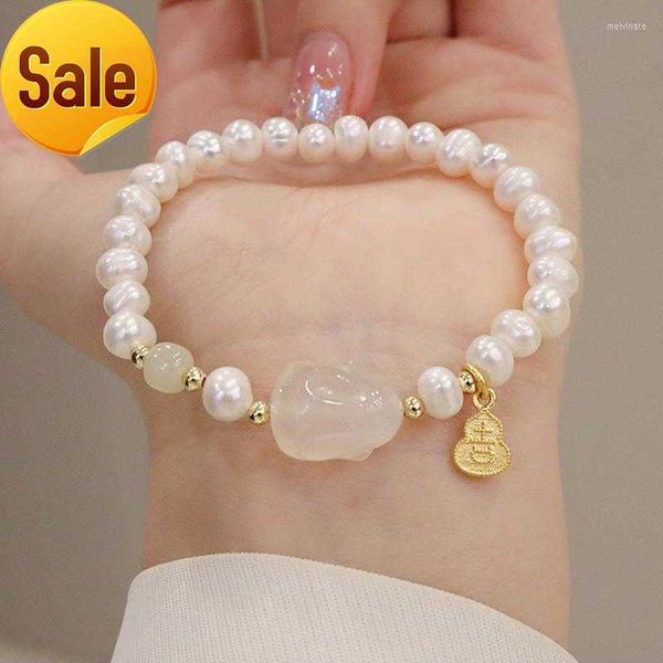 

link bracelets vintage natural hetian jade pearl bracelet gourd pendant elegant sweet and gentle hand ornaments women fashion jewelry gift, Black