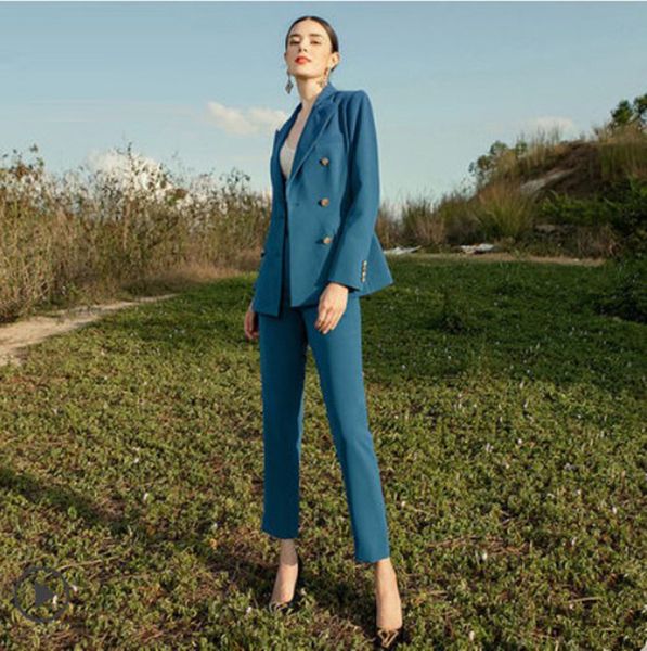 

new blue ladies office evening work wear tuxedos jacket pants women's pant suits 2 pieces, Black;red