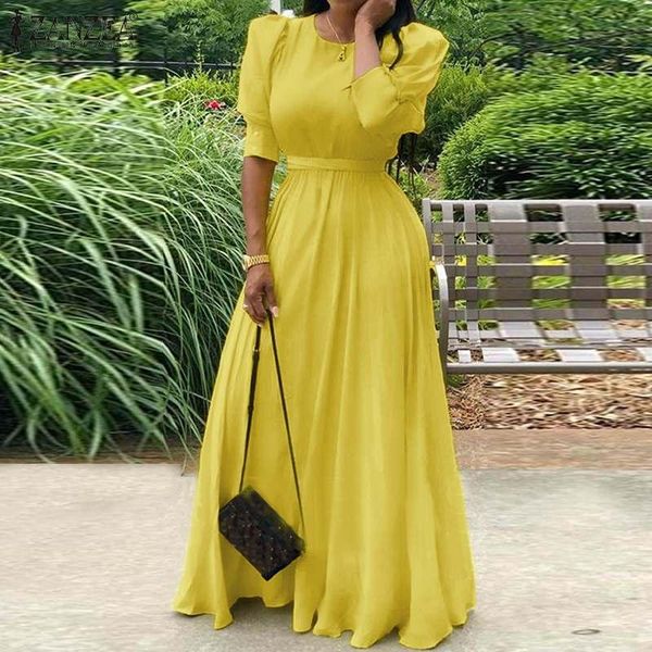 

dresses fashion women maxi dress summer puff sleeve solid long vestidos zanzea 2022 elegant o neck kaftan party sundress lace up dresses, Black;gray