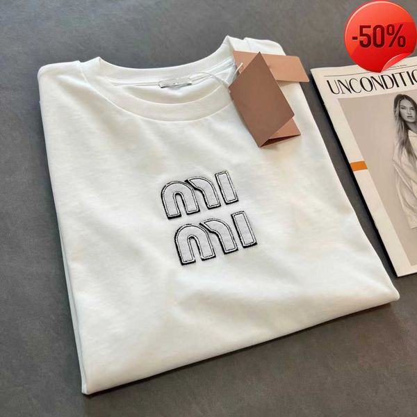 

designer haute couturematching miu2023 spring/summer new letter sticker embroidery versatile fashion short sleeve t-shirt for women, White