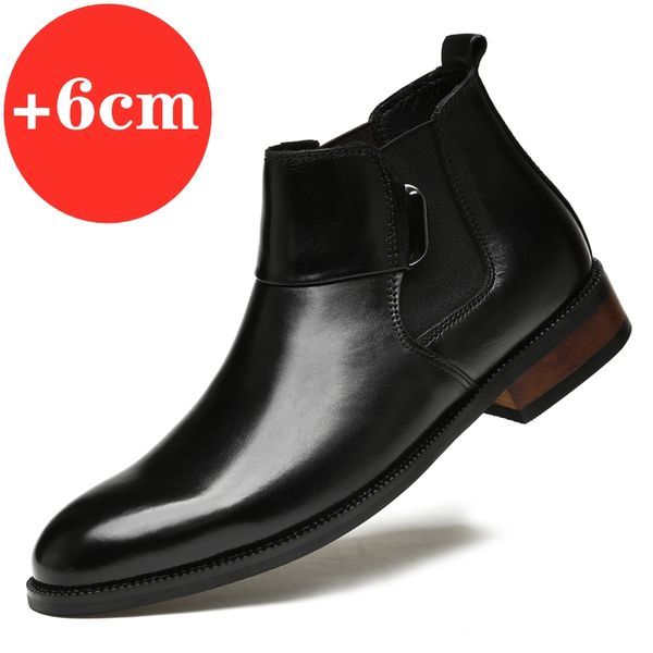 

chelsea boots ankle men army warm elevator shoes high increase insole 6cm height winter business outdoor man cow leather boots, Black