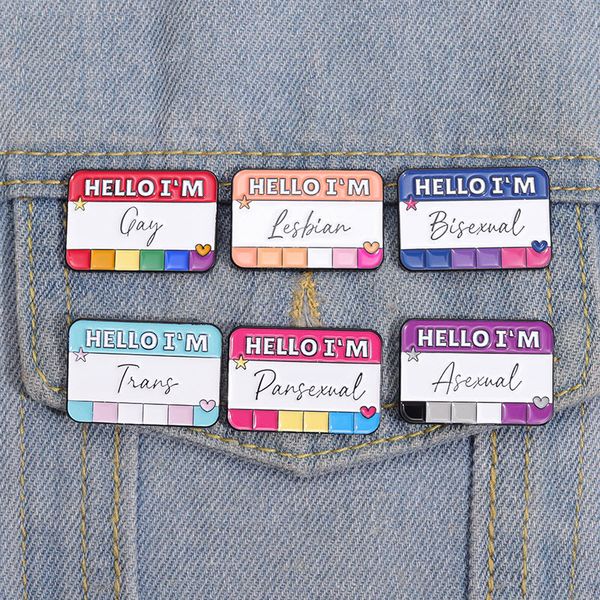

hello i'm lgbt enamel pins custom bi pan asexual trans gay lesbian brooches lapel badges pride rainbow color dialog box jewelry, Blue