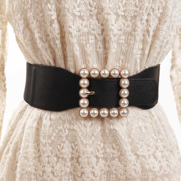 

other fashion accessories new koreanstyle elastic waistband female shirt sweater decorative dress girdle wide black white pearl inlaid belts, Silver