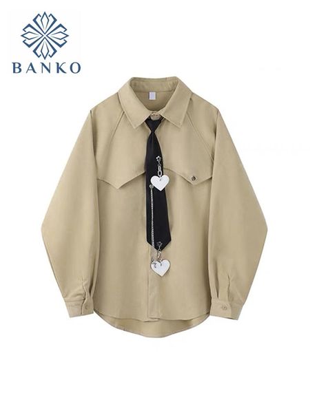 

shirts woman shirt solid long sleeve fashion harajuku belt chain button streetwear allmatch casual shirts female spring 2022 new, White