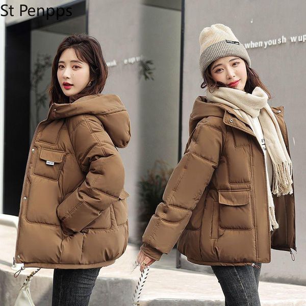 

leather down padded jacket female 2022 popular winter new korean version student loose padded jacket small hooded padded jacket, Black