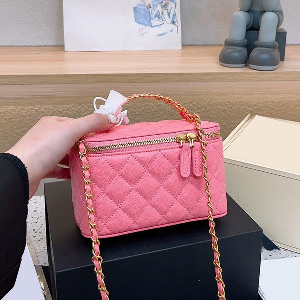 

10 colors classic caviar leather vanty box bags with mirror letter handle totes cosmetic case gold metal hardware matelasse chain shoulder d
