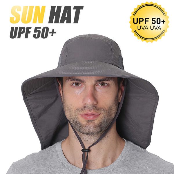 

outdoor hats women men summer uv protection fishing cap wide brim breathable mesh outdoor fishing climbing hiking sun hat with neck flap j23, Black;white