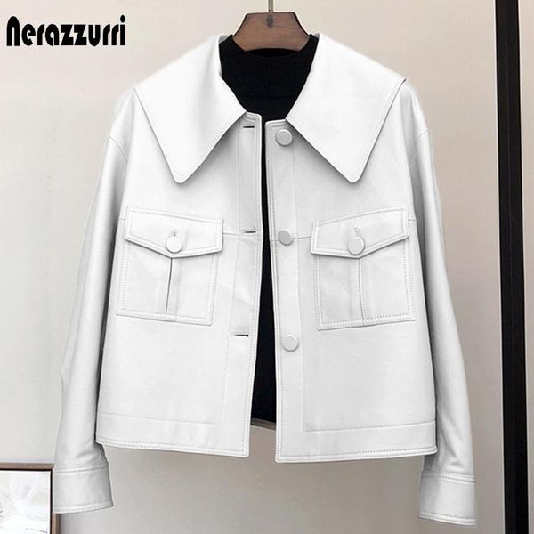 

jackets nerazzurri spring short light white leather jacket for women peter pan collar long sleeve casual leather jackets for women 2021, Black;brown