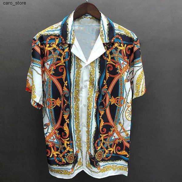 

men's casual shirts men short sleeve luxury royal gold printed shirt floral baroque designer shirt men high street vintage party banque, White;black