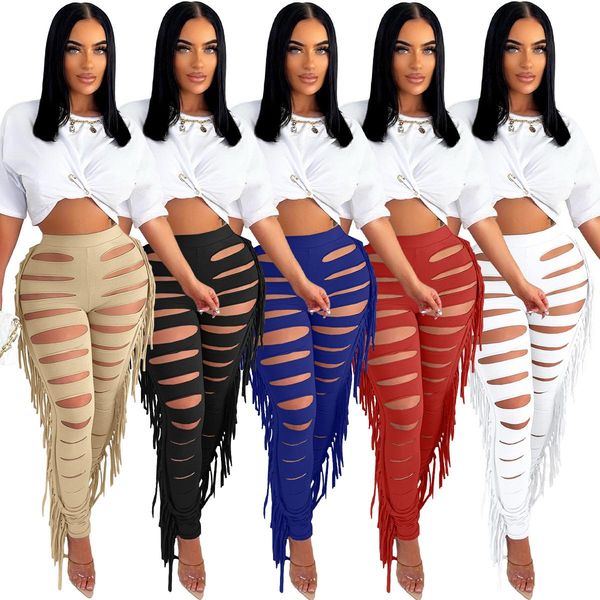 

leggings echoinepantalones de malla ahuecados con flecos y borlas laterales ropa de calle pantalones ajustados de cintura alta color ne, Black