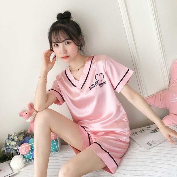 

women's sleepwear pajamas women's summer ice silk v-neck short sleeves pyjamas two piece suit kaeva pajamas women's home clot, Black;red
