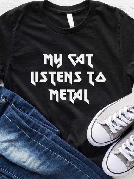 

men t shirt my cat listens to metal letter print tshirt men short sleeve o neck loose t-shirt ladies causal tee shirt, White;black