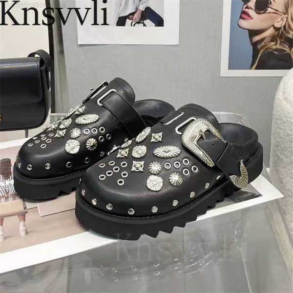 

boots summer slippers women thick sole mules metal rivet punk shoes lady genuine leather flat platform slipper casual slides woman 221215, Black