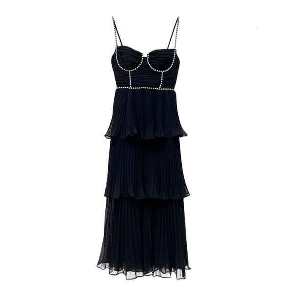 

casual dresses autumn arrive black color chiffon pleated women s midi sleeveless backless lady cake suspender 230503, Black;gray