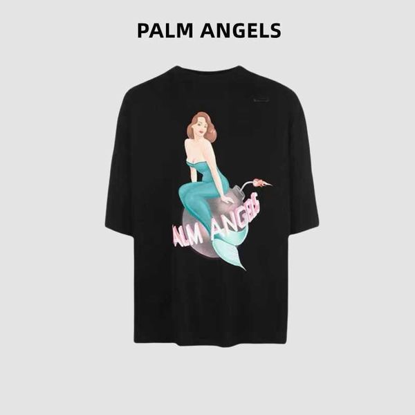 

designer fashion clothing tees palmes angels mermaid print short sleeve loose couple summer t-shirt luxury casual cotton streetwear for 1h, White;black